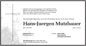 Traueranzeige von Hans-Juergen Mutzbauer von Pegnitz-Zeitung